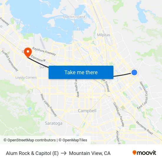 Alum Rock & Capitol (E) to Mountain View, CA map