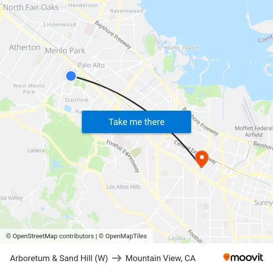 Arboretum & Sand Hill (W) to Mountain View, CA map