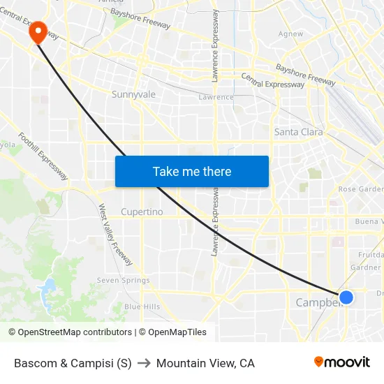 Bascom & Campisi (S) to Mountain View, CA map