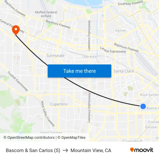 Bascom & San Carlos (S) to Mountain View, CA map