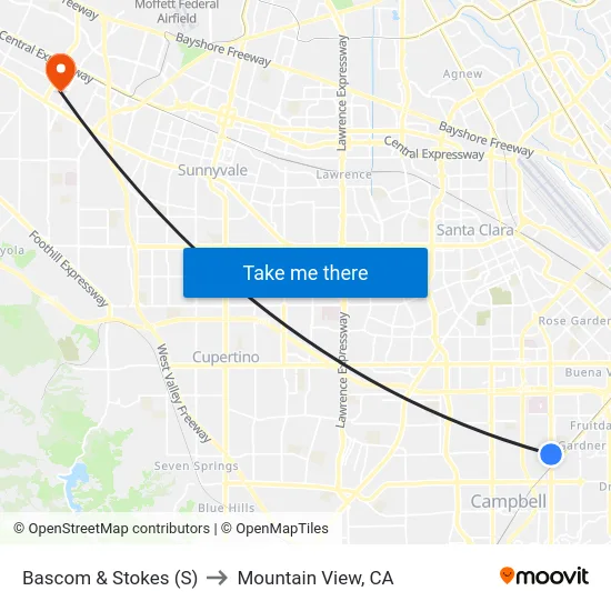 Bascom & Stokes (S) to Mountain View, CA map