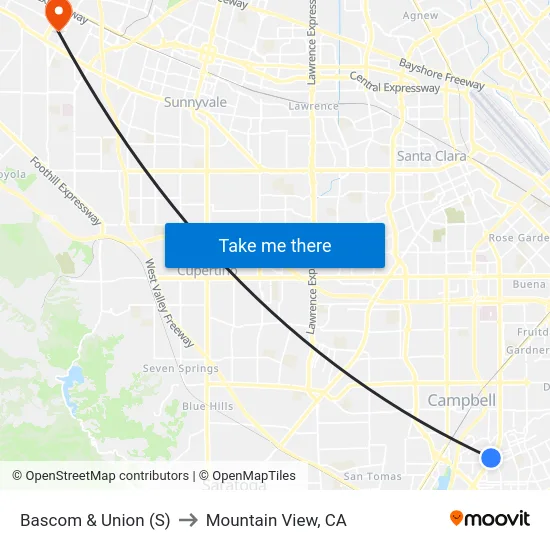 Bascom & Union (S) to Mountain View, CA map