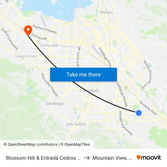 Blossom Hill & Entrada Cedros (E) to Mountain View, CA map