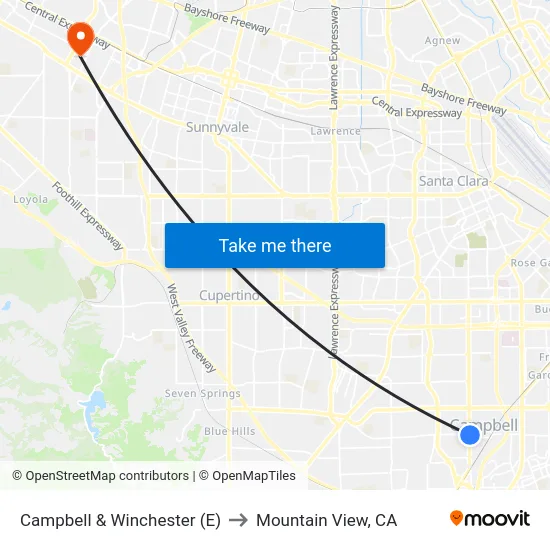 Campbell & Winchester (E) to Mountain View, CA map