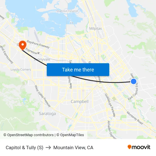 Capitol & Tully (S) to Mountain View, CA map
