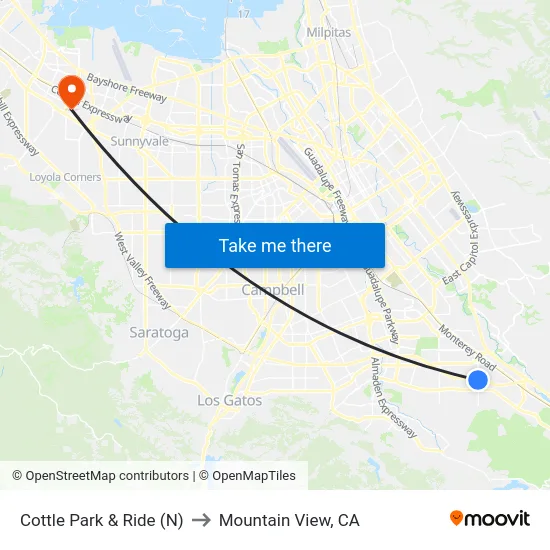 Cottle Park & Ride (N) to Mountain View, CA map