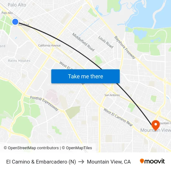 El Camino & Embarcadero (N) to Mountain View, CA map