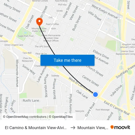 El Camino & Mountain View-Alviso (W) to Mountain View, CA map