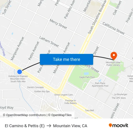 El Camino & Pettis (E) to Mountain View, CA map