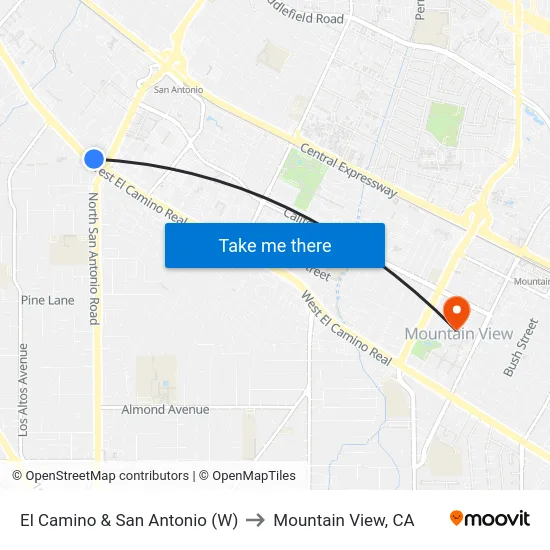 El Camino & San Antonio (W) to Mountain View, CA map