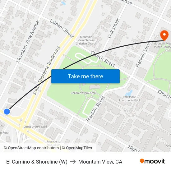 El Camino & Shoreline (W) to Mountain View, CA map