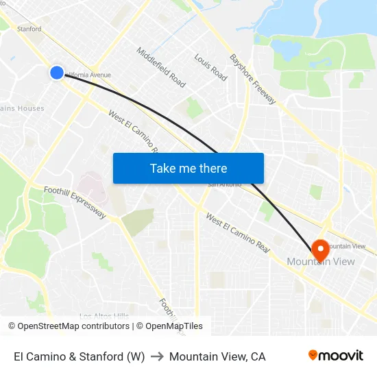 El Camino & Stanford (W) to Mountain View, CA map