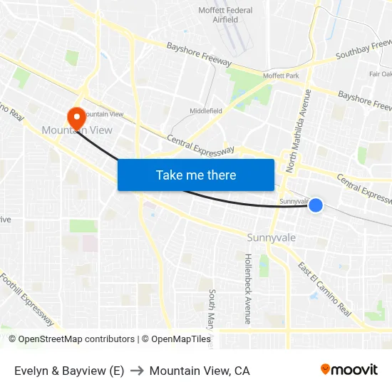 Evelyn & Bayview (E) to Mountain View, CA map