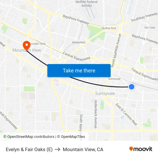 Evelyn & Fair Oaks (E) to Mountain View, CA map