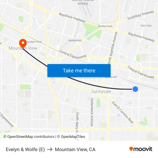 Evelyn & Wolfe (E) to Mountain View, CA map