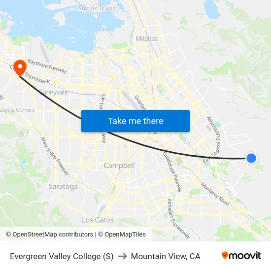 Evergreen Valley College (S) to Mountain View, CA map