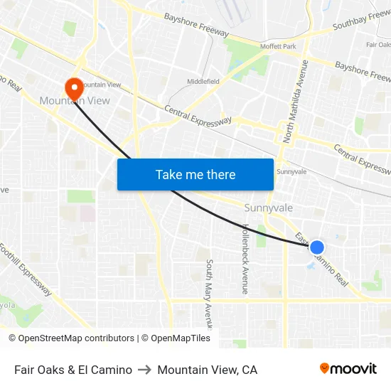 Fair Oaks & El Camino to Mountain View, CA map