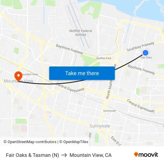 Fair Oaks & Tasman (N) to Mountain View, CA map