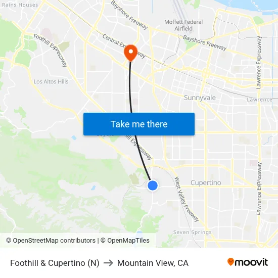 Foothill & Cupertino (N) to Mountain View, CA map