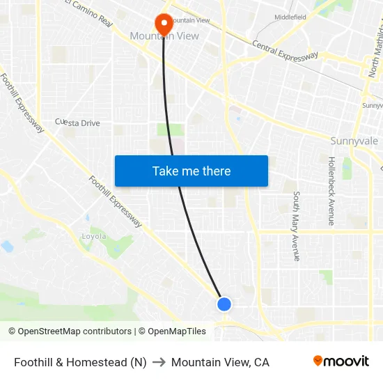 Foothill & Homestead (N) to Mountain View, CA map