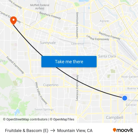 Fruitdale & Bascom (E) to Mountain View, CA map