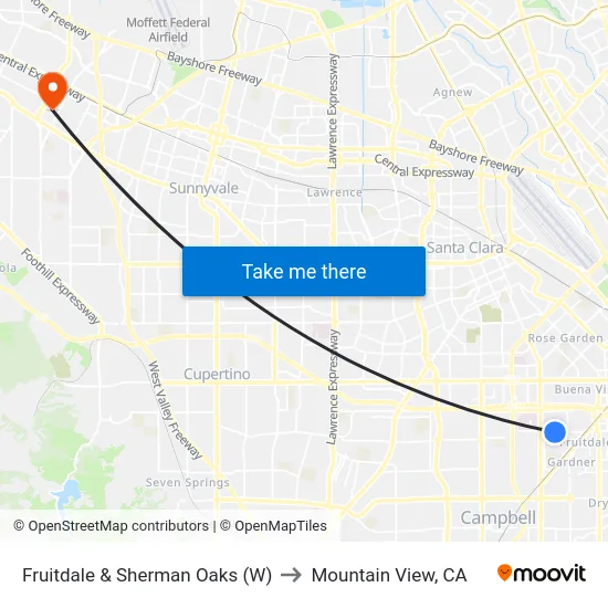 Fruitdale & Sherman Oaks (W) to Mountain View, CA map