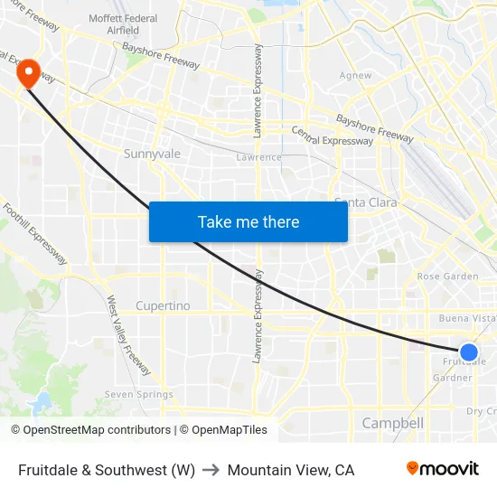 Fruitdale & Southwest (W) to Mountain View, CA map