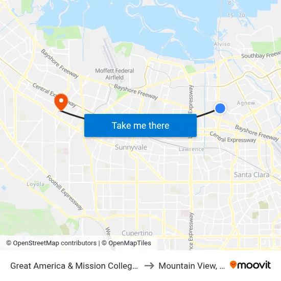 Great America & Mission College (S) to Mountain View, CA map