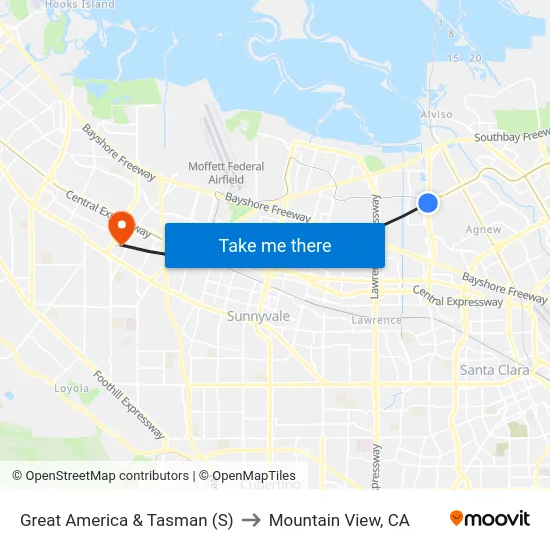 Great America & Tasman (S) to Mountain View, CA map
