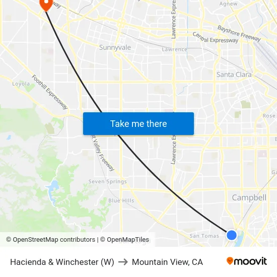 Hacienda & Winchester (W) to Mountain View, CA map