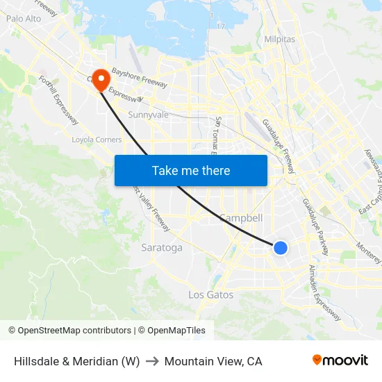 Hillsdale & Meridian (W) to Mountain View, CA map