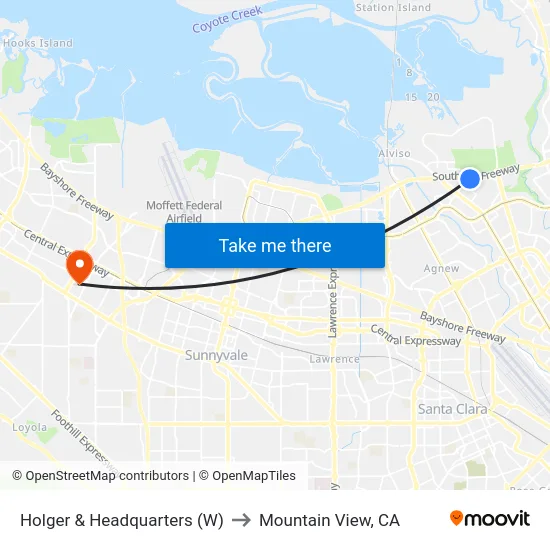 Holger & Headquarters (W) to Mountain View, CA map