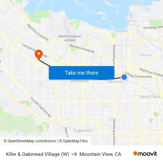 Kifer & Oakmead Village (W) to Mountain View, CA map