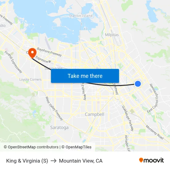 King & Virginia (S) to Mountain View, CA map
