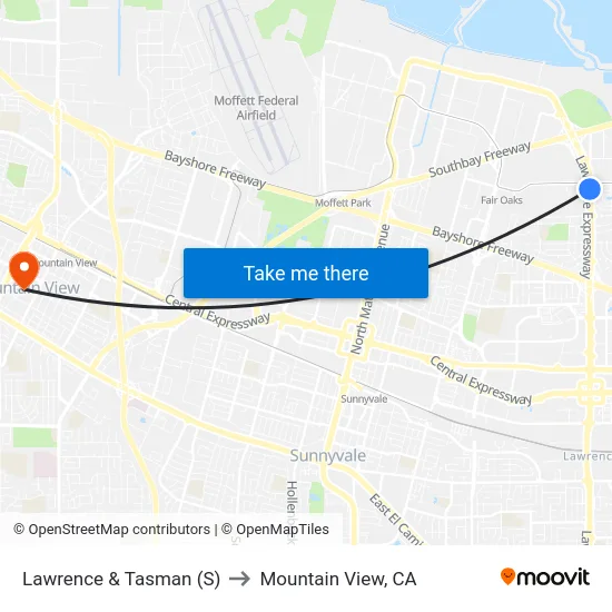 Lawrence & Tasman (S) to Mountain View, CA map