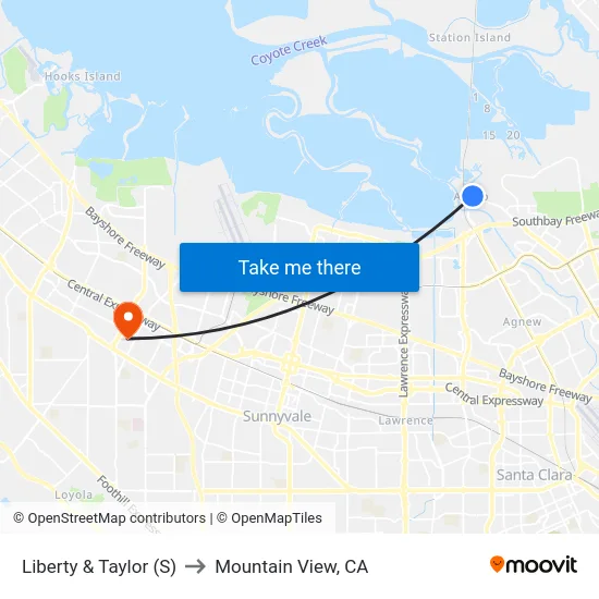 Liberty & Taylor (S) to Mountain View, CA map