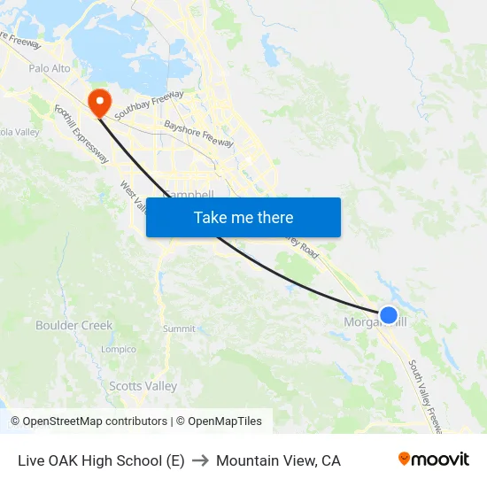 Live OAK High School (E) to Mountain View, CA map