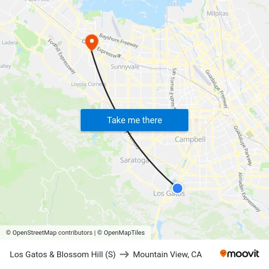 Los Gatos & Blossom Hill (S) to Mountain View, CA map