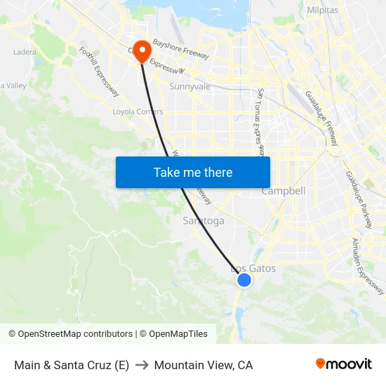 Main & Santa Cruz (E) to Mountain View, CA map