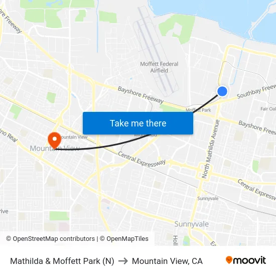 Mathilda & Moffett Park (N) to Mountain View, CA map