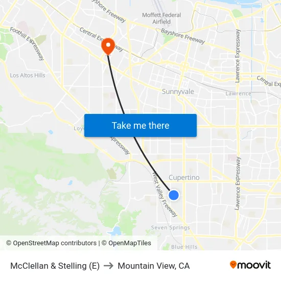 McClellan & Stelling (E) to Mountain View, CA map