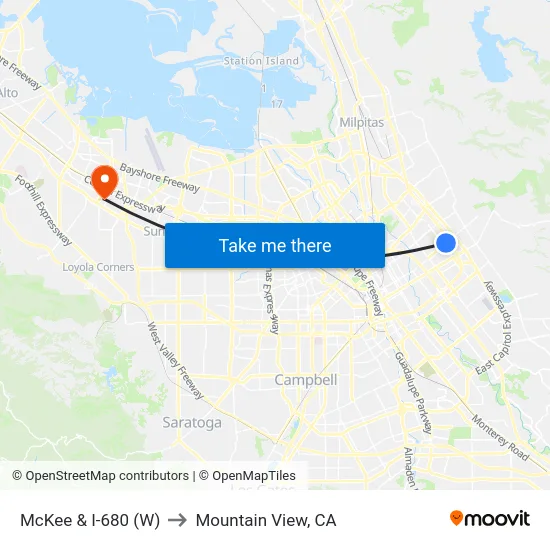 McKee & I-680 (W) to Mountain View, CA map