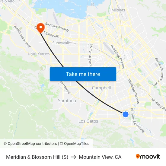 Meridian & Blossom Hill (S) to Mountain View, CA map