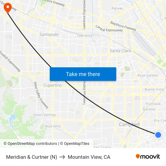 Meridian & Curtner (N) to Mountain View, CA map