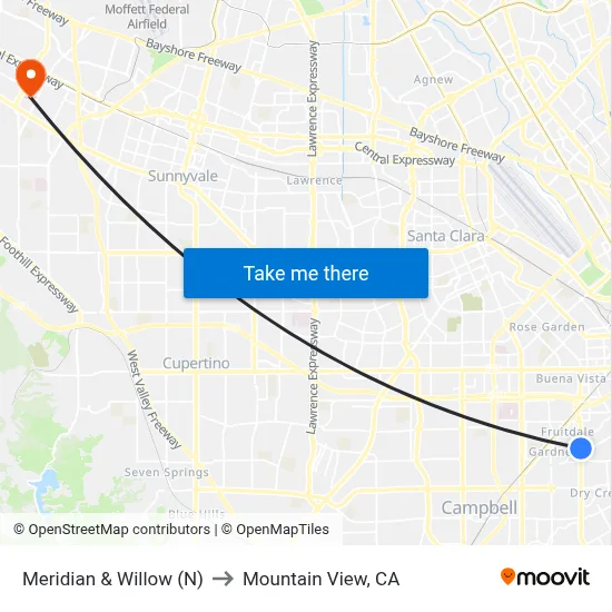 Meridian & Willow (N) to Mountain View, CA map