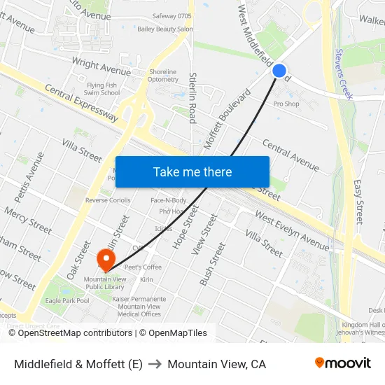 Middlefield & Moffett (E) to Mountain View, CA map