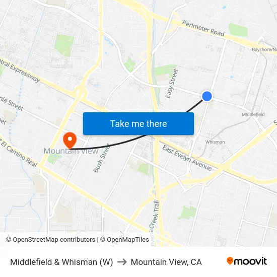 Middlefield & Whisman (W) to Mountain View, CA map