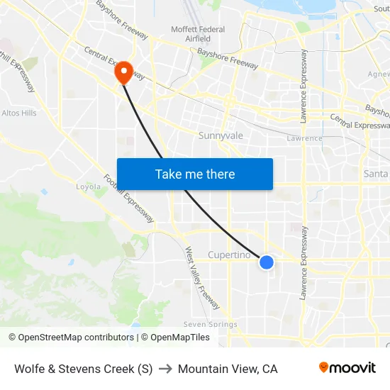 Wolfe & Stevens Creek (S) to Mountain View, CA map