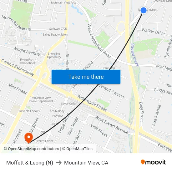 Moffett & Leong (N) to Mountain View, CA map