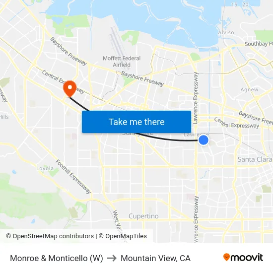Monroe & Monticello (W) to Mountain View, CA map